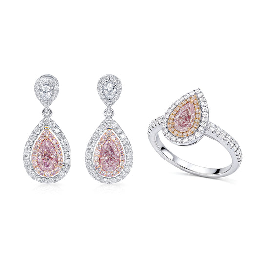 Natural 2.57 Ct. TW Pink Pear-Cut Diamond Halo Jewelry Set, 18K White, Yellow & Rose Gold