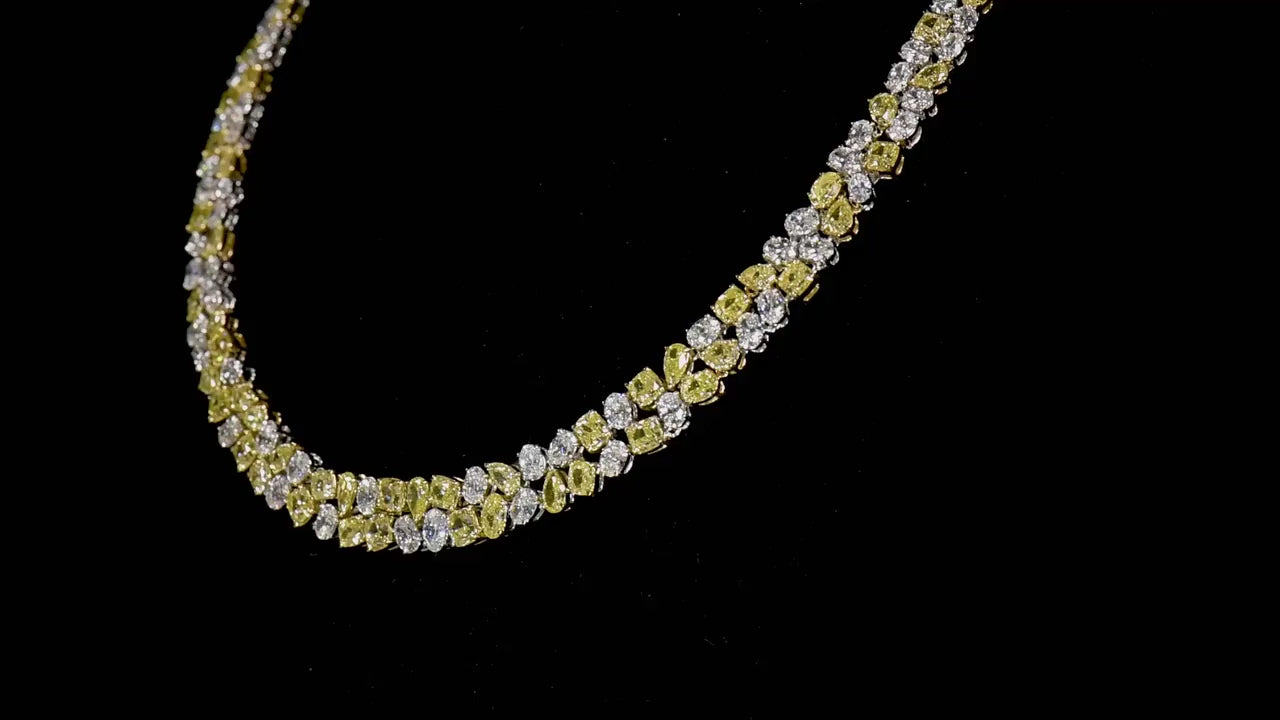 Fancy Yellow And White Diamond Necklace, 18K White Gold, 41.83 Ct. TW, Mix shape
