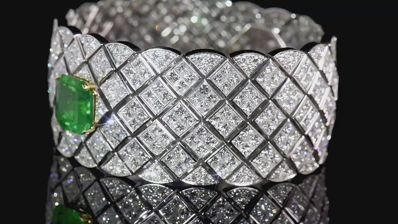 Natural Vivid Green Colombian Emerald & Diamond Bracelet, 18K White Gold, 45.02 Ct. TW