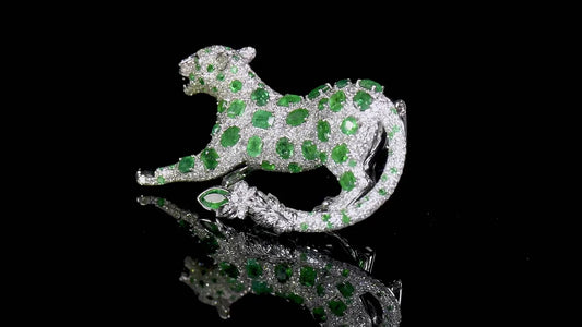 Natural Vivid Green Emerald And Diamond Brooch, 14K White Gold, 7.85 Ct. TW