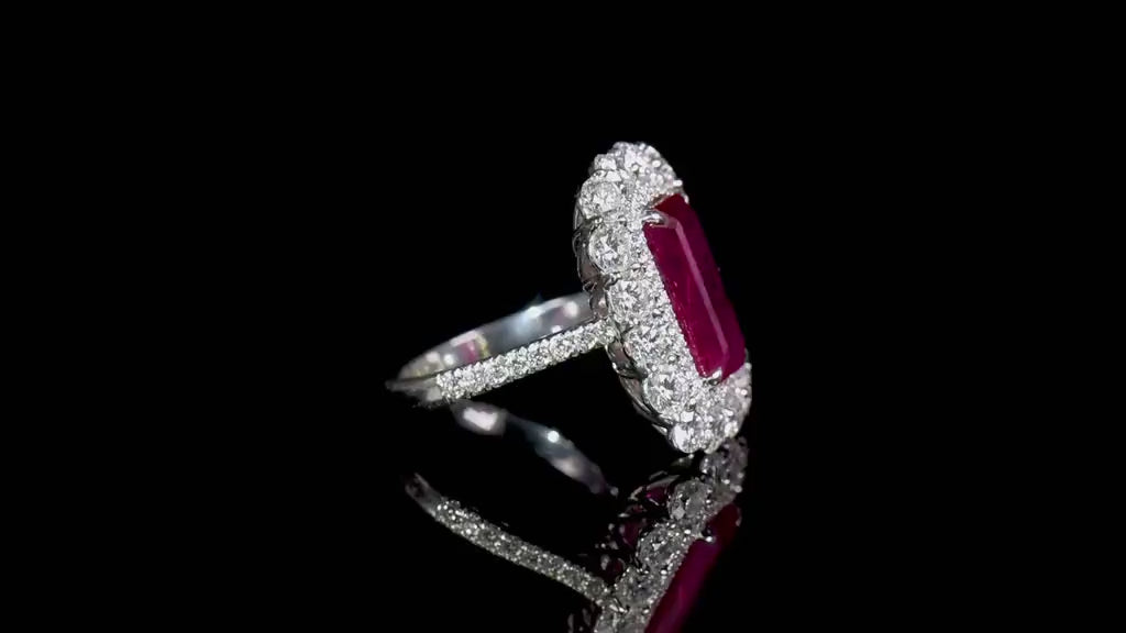 Natural 5.03 Ct. Octagonal-Cut Ruby & Diamond Halo Ring, 18K White Gold