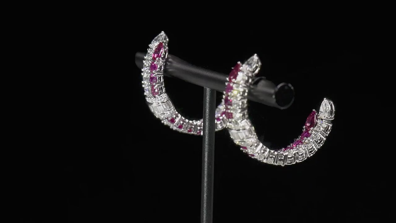 Natural Ruby And Diamond Hoop Earrings, 18K White Gold, Round Shape, 6.57 Ct. TW