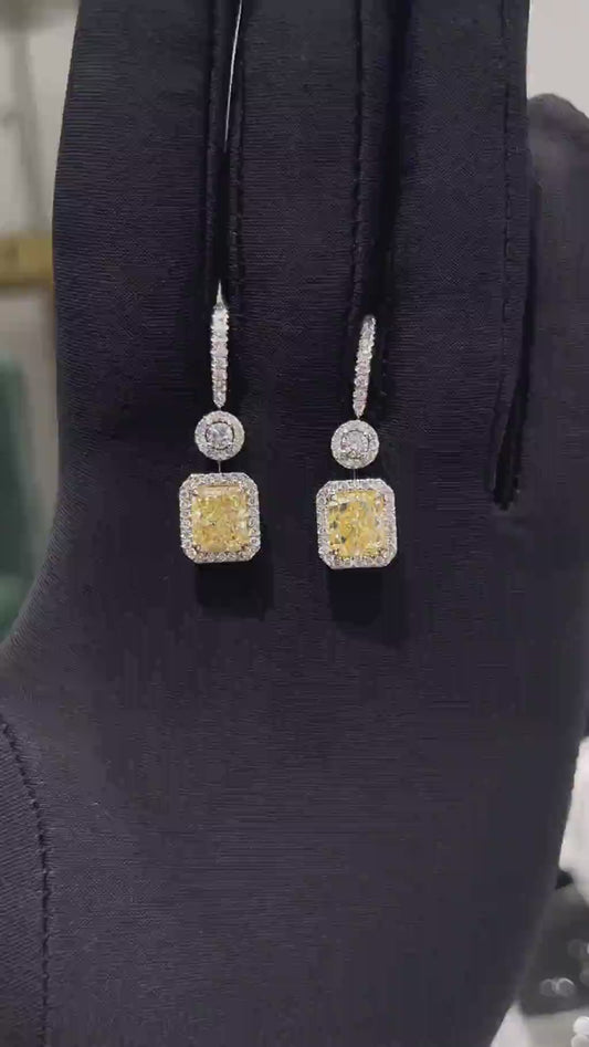 Natural 5.14 Ct. Radiant-Cut Light Yellow & White Diamond Drop Earrings, 18K White Gold