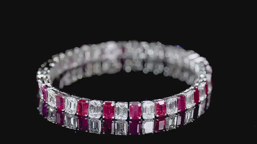 Natural 18.55 Ct. TW Emerald-Cut Ruby & Diamond Bracelet, 18K White Gold