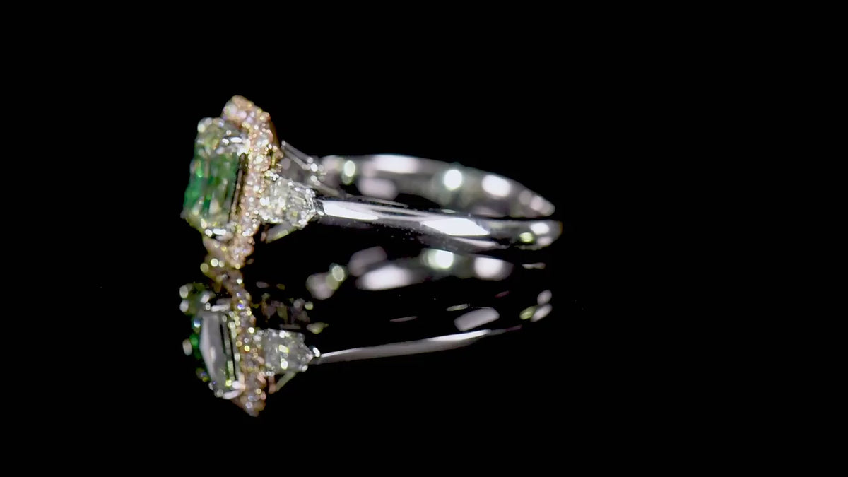 Natural 2.26 Ct. TW Grayish Yellowish Green Radiant-Cut Diamond Halo Ring, 18K White & Rose Gold