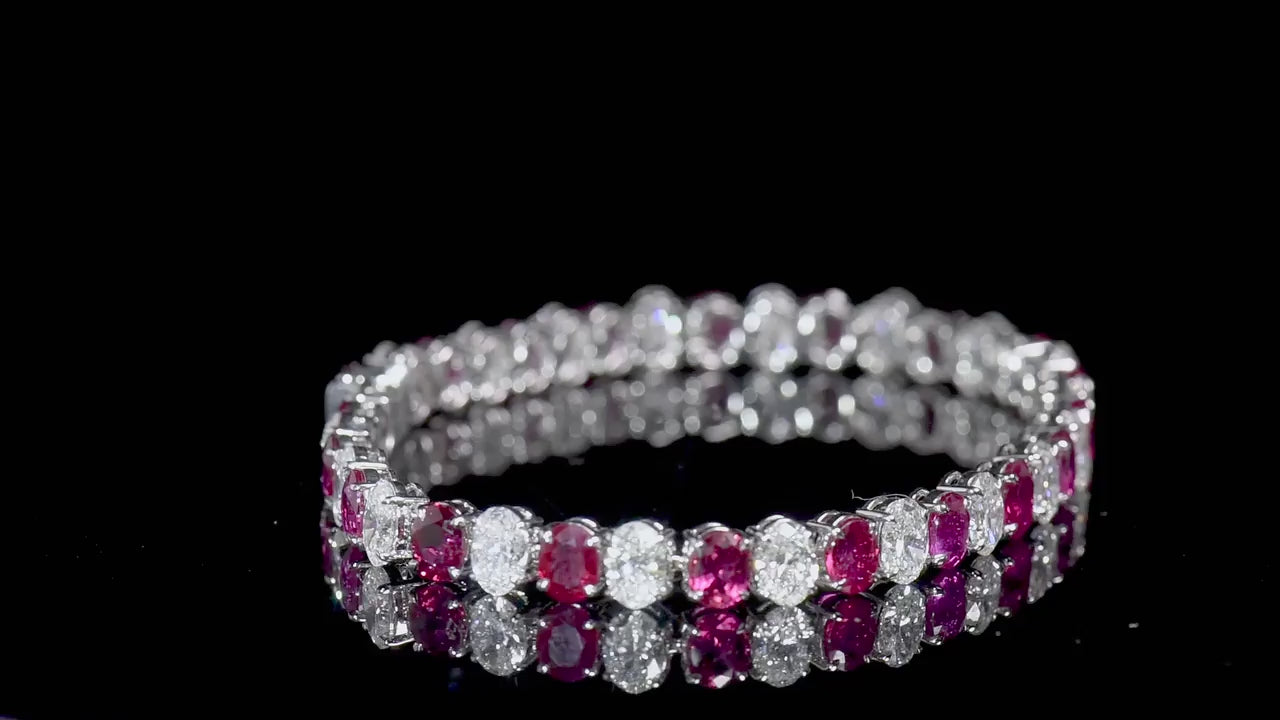 Natural Diamond And Ruby Tennis Bracelet, 18K White Gold, Oval Shape, GIA, 16.45 Ct. TW