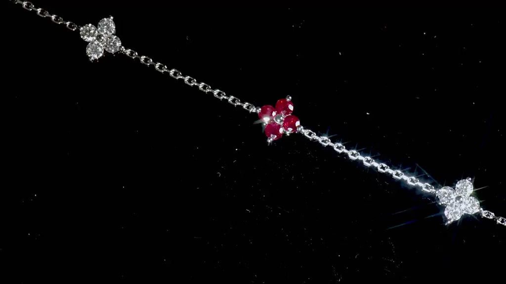 Natural 1.49 Ct. TW Ruby & Diamond Clover Station Bracelet in White Gold , 14K White Gold, 18K White Gold