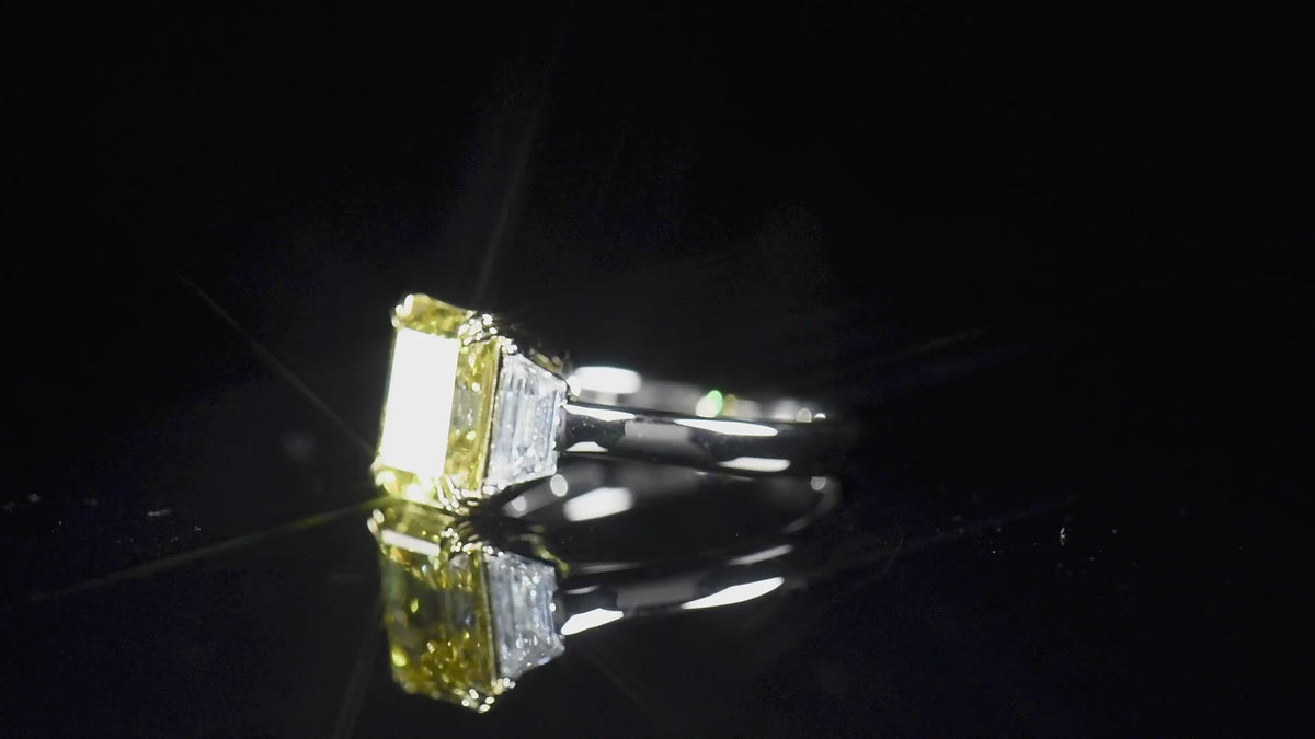 Natural 3.08 Ct. Fancy Vivid Yellow Emerald-Cut Diamond Three-Stone Ring, 18K White & Yellow Gold