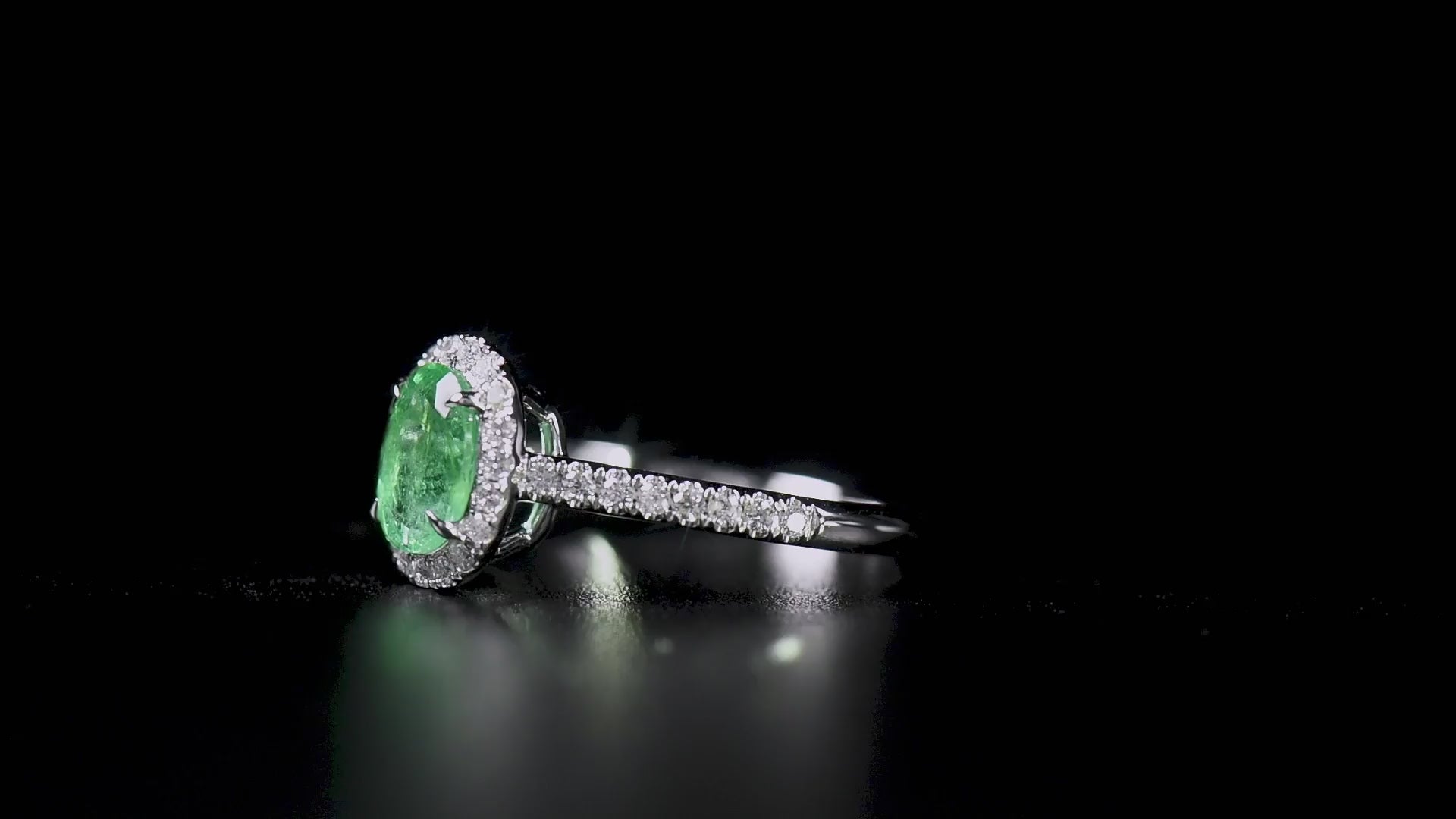 Natural Vivid Green Colombian Emerald Halo Ring, 18K White Gold, Oval Shape, 1.27 Ct. TW