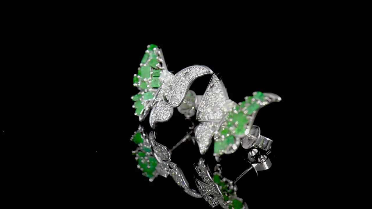 Natural Emerald And Diamond Butterfly Earrings, 14K White Gold, 1.21 Ct. TW