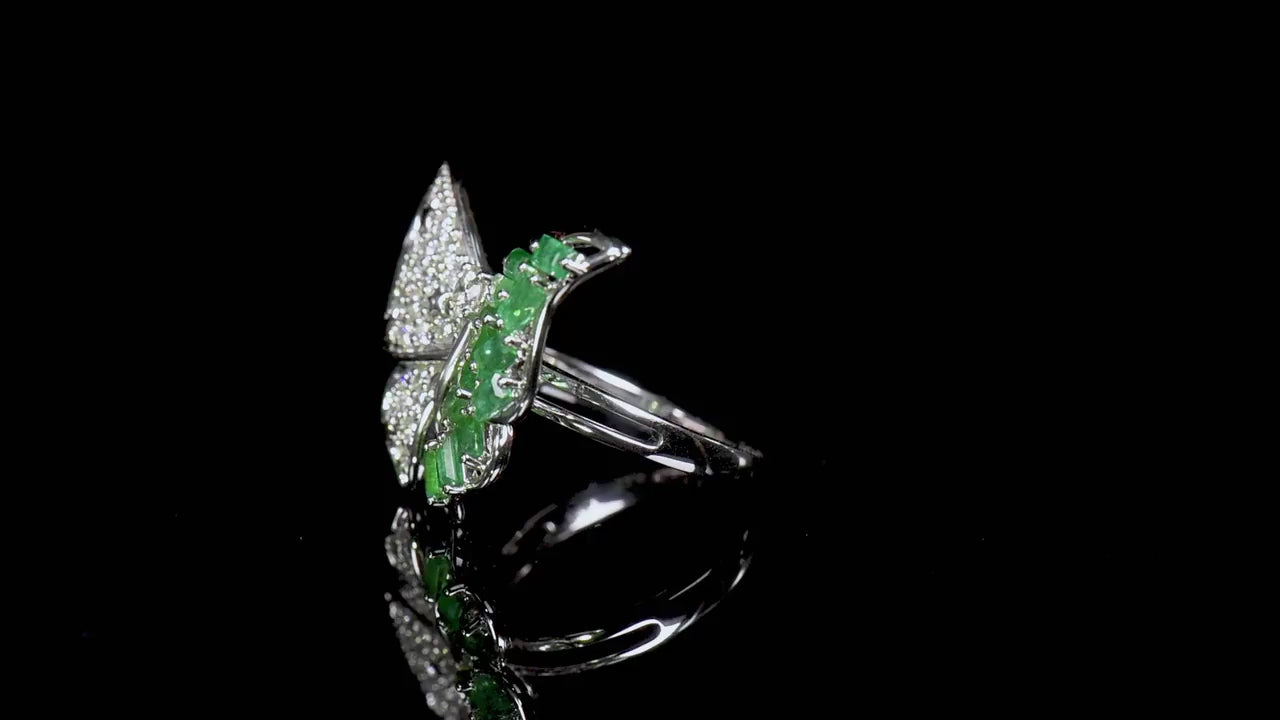 Natural Emerald And Diamond Butterfly Ring, 14K White Gold, 1.96 Ct. TW