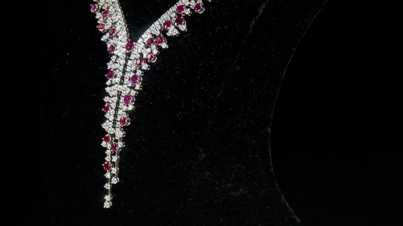 Natural Ruby And Diamond Necklace, 18K White Gold, 31.14 Ct. TW