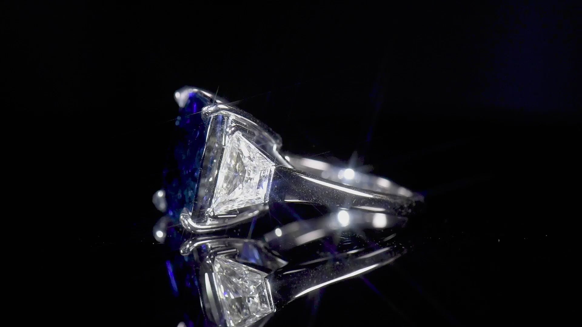 Natural Vivid Blue Sapphire Three Stone Ring, 18K White Gold, Cushion Shape, 21.13 Ct. TW