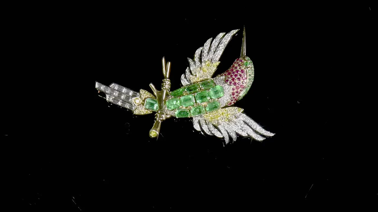 Natural Emerald Ruby & Diamond Bird Brooch, 18K Gold, 4.72 Ct. TW