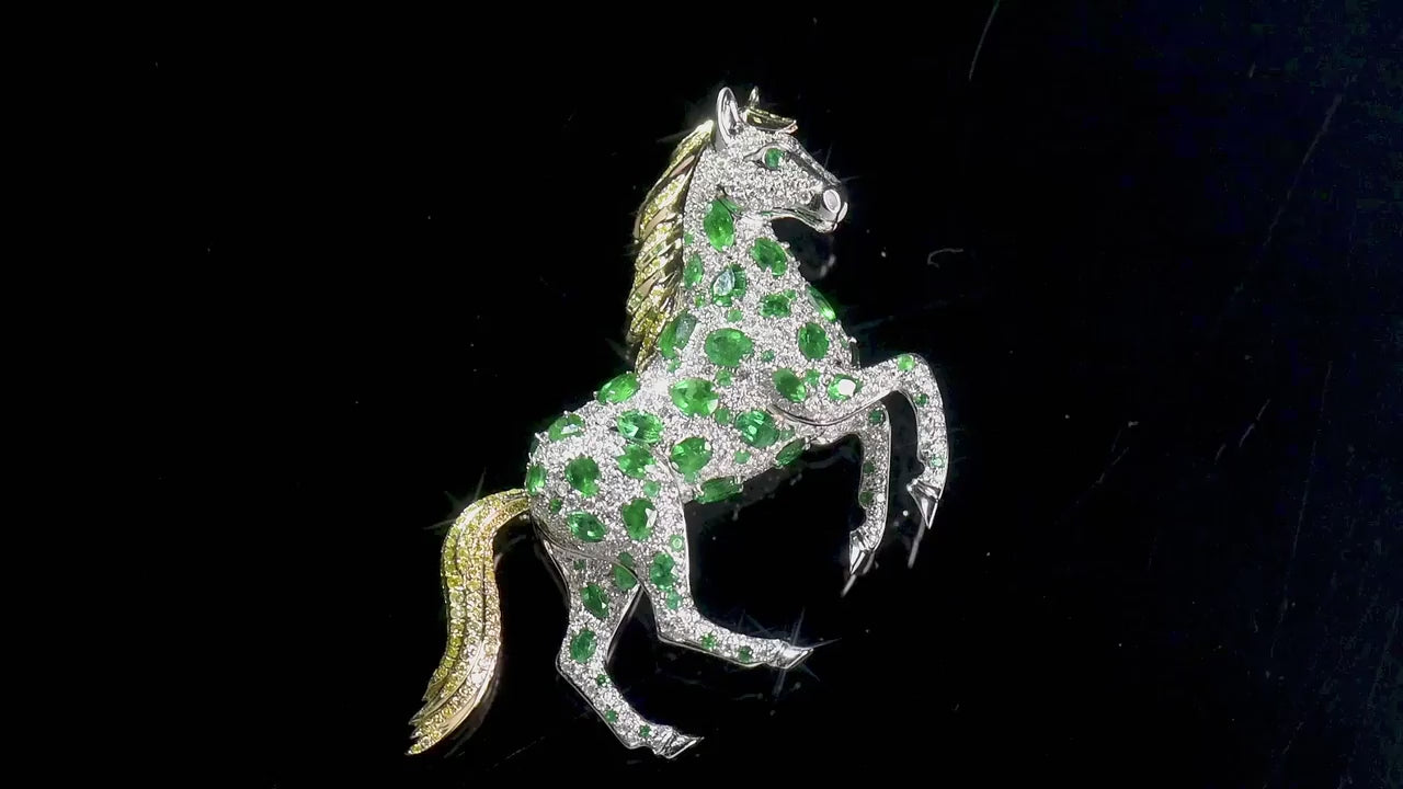 Natural Emerald And Diamond Horse Brooch, 14K White Gold, 5.30 Ct. TW