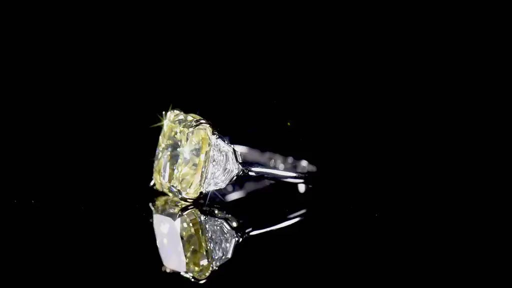 Natural 8.04 Ct. Fancy Light Yellow Cushion-Cut Diamond Three Stone Ring, 18K White & Yellow Gold
