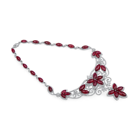 Natural Red Ruby Necklace, 18K White Gold, 158.68 Ct. TW