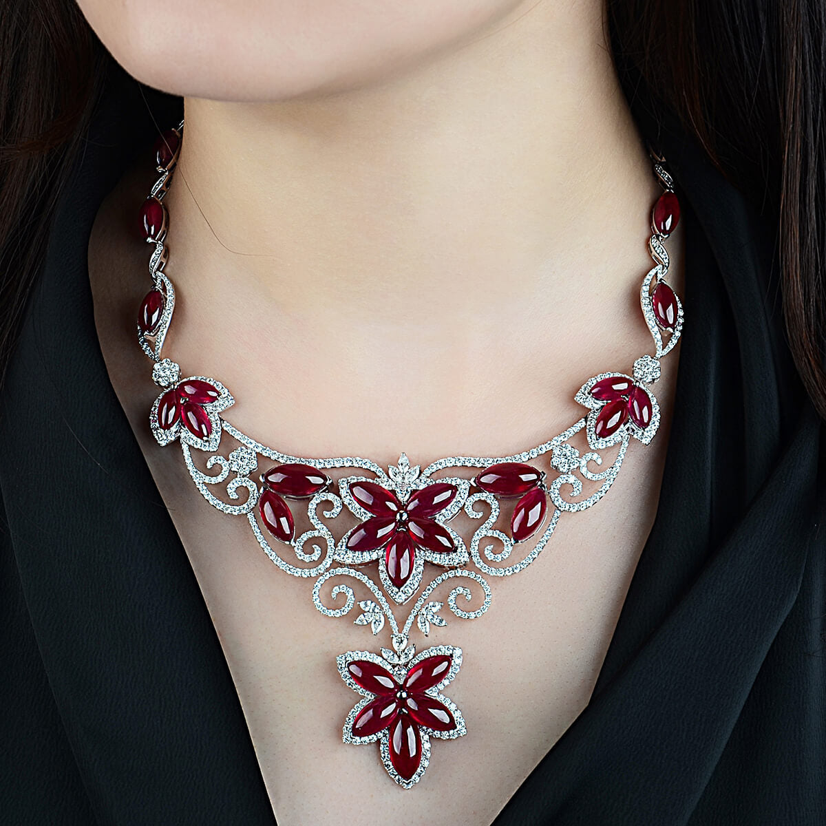 Natural Red Ruby Necklace, 18K White Gold, 158.68 Ct. TW