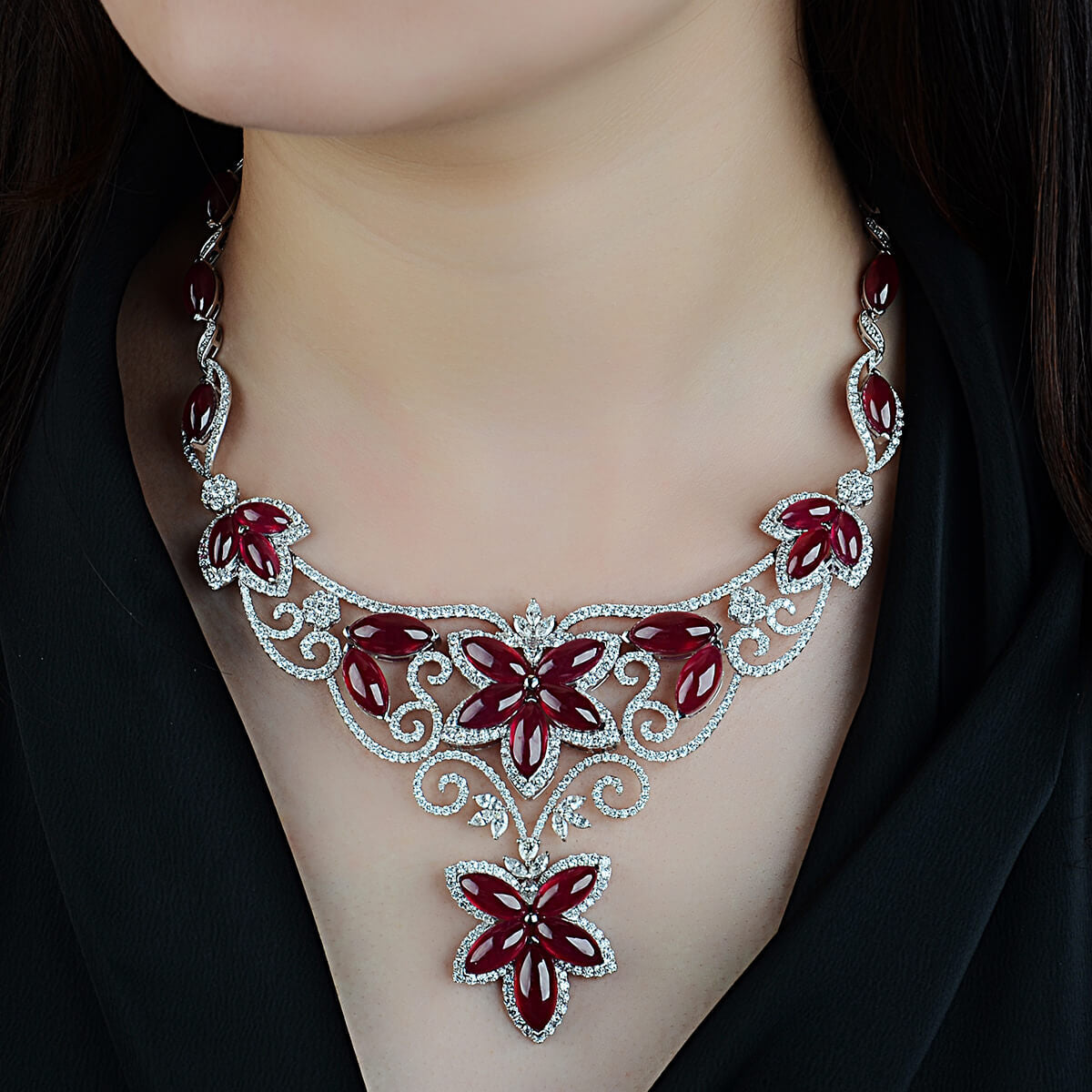 Natural Red Ruby Necklace, 18K White Gold, 158.68 Ct. TW