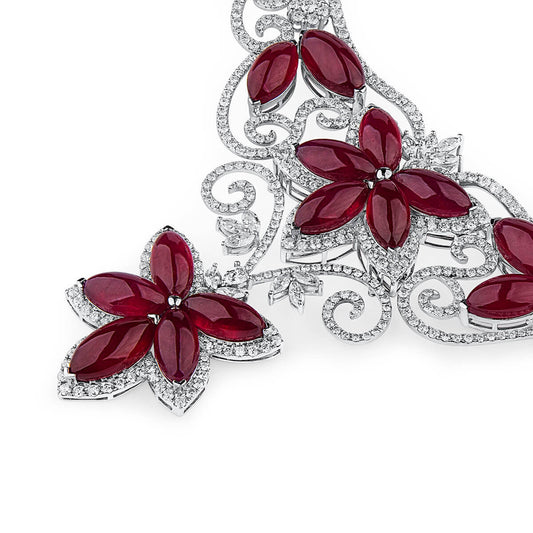 Natural Red Ruby Necklace, 18K White Gold, 158.68 Ct. TW