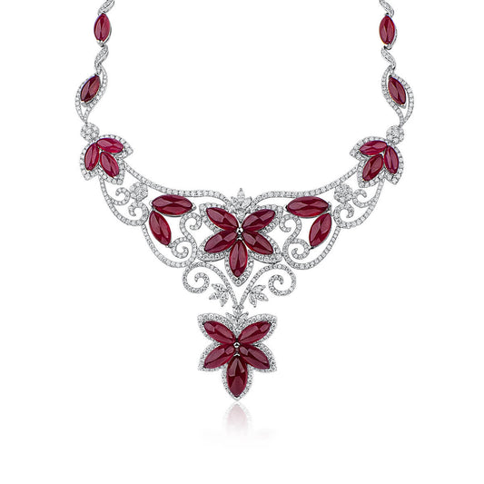 Natural Red Ruby Necklace, 18K White Gold, 158.68 Ct. TW