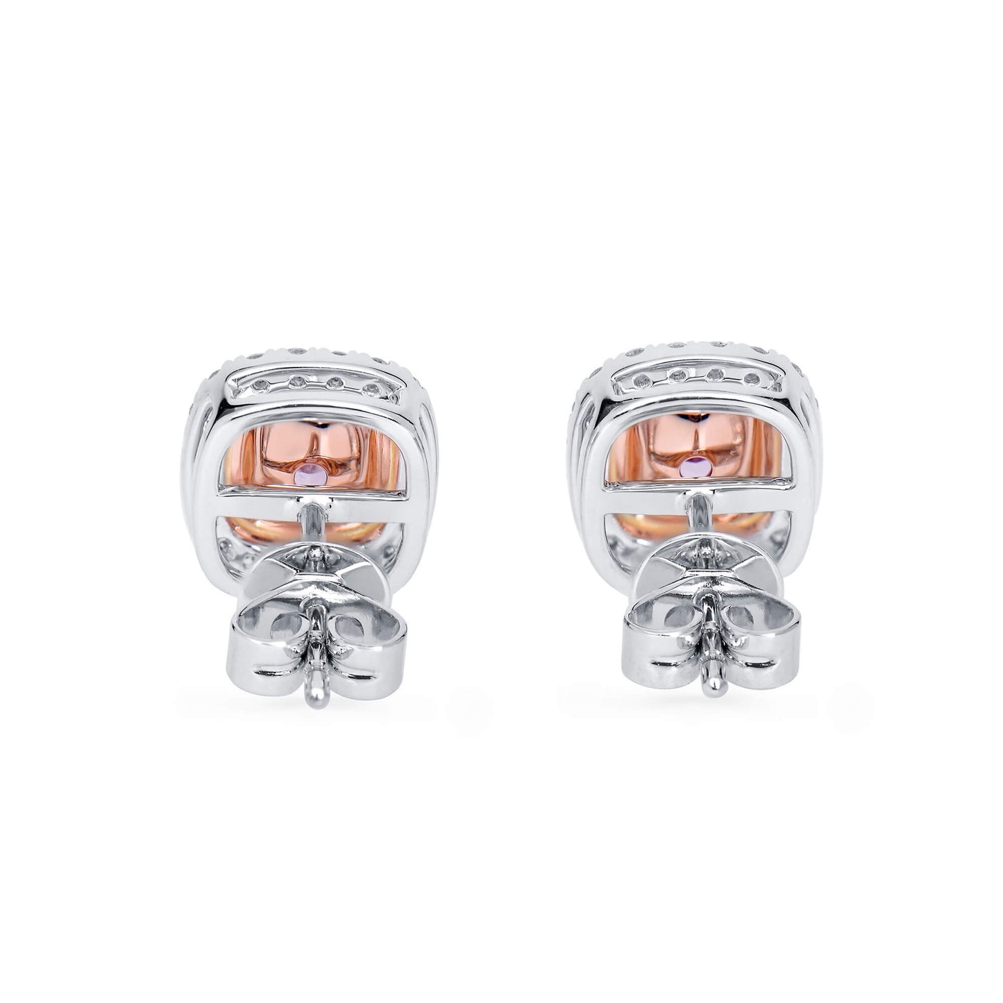 Natural Very Light Pink Diamond Cluster Earrings, 18K White & Rose Gold, Cushion Shape, 0.99 Ct. TW