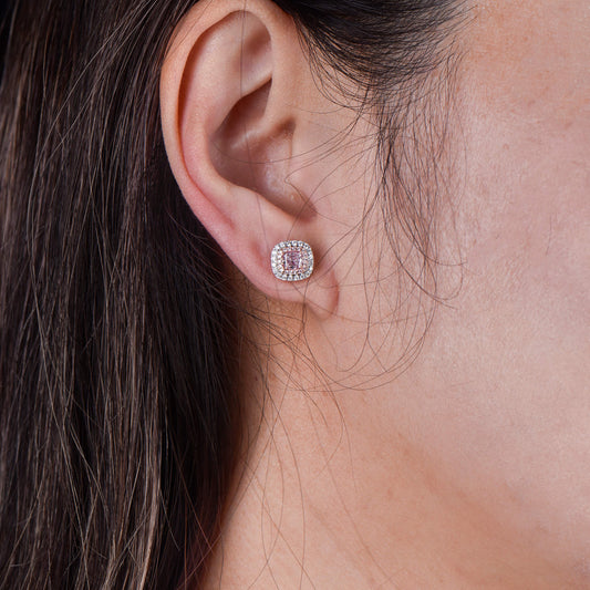 Natural Very Light Pink Diamond Cluster Earrings, 18K White & Rose Gold, Cushion Shape, 0.99 Ct. TW