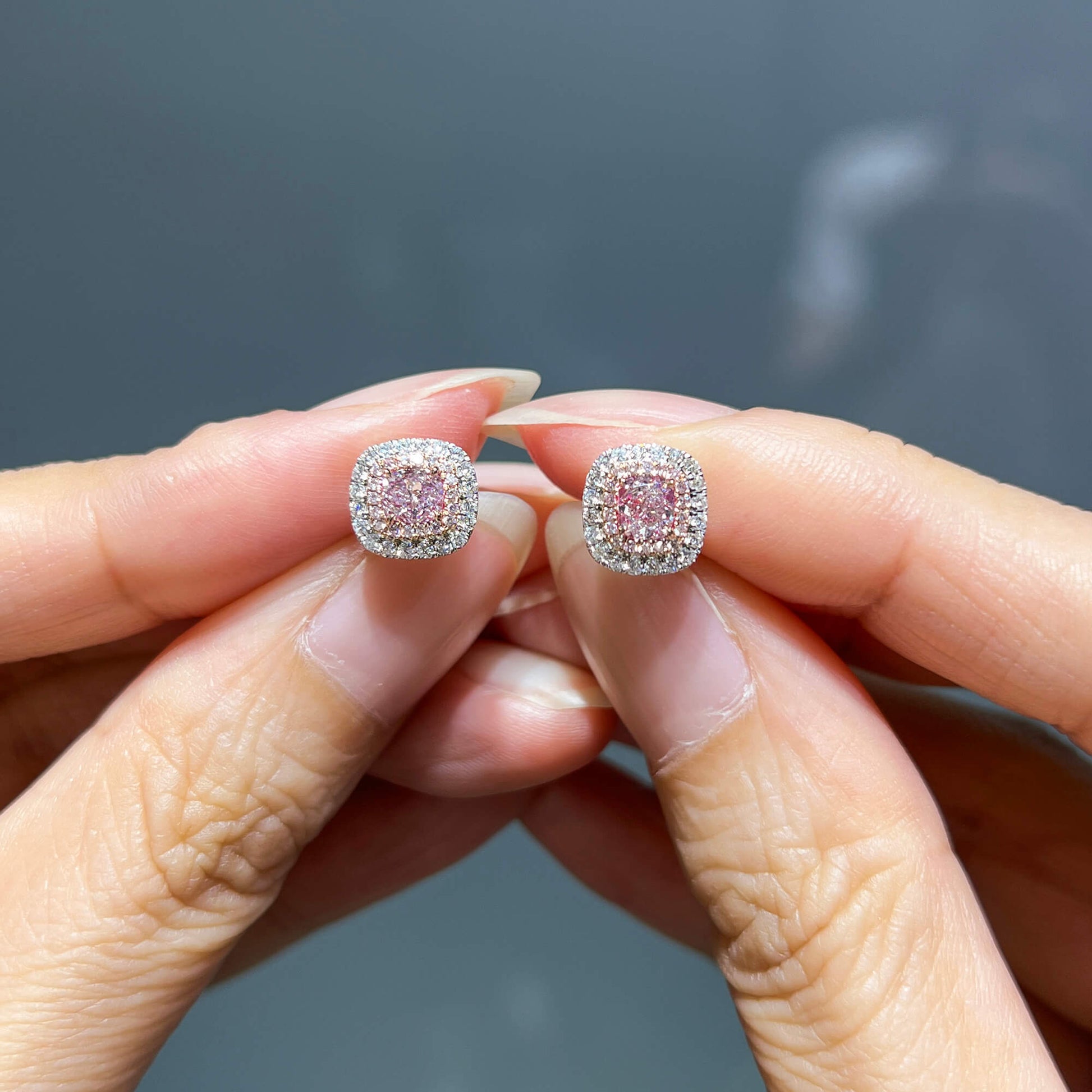 Natural Very Light Pink Diamond Cluster Earrings, 18K White & Rose Gold, Cushion Shape, 0.99 Ct. TW