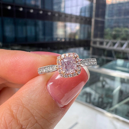 Very Light Pink Diamond Ring, 0.74 Ct. TW, Cushion shape, GIA Certified