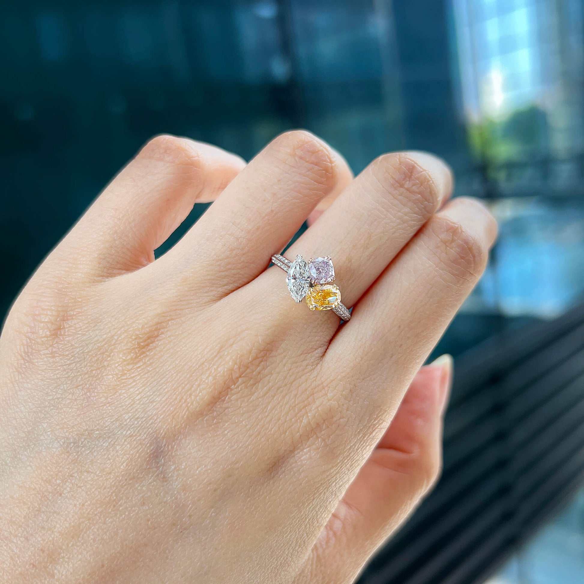 Natural Pink & Yellow & White Diamond Ring, 18K White Gold, 2.00 Ct. TW