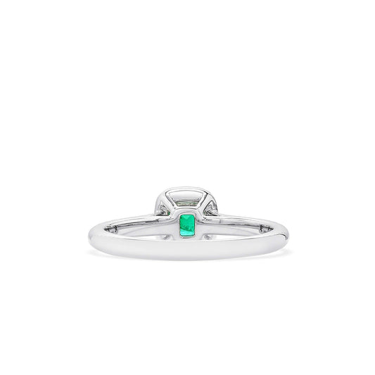 Natural Vivid Green Colombian Emerald Halo Ring, 18K White Gold, Radiant Shape, 0.55 Ct. TW