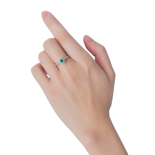 Natural Vivid Green Colombian Emerald Halo Ring, 18K White Gold, Radiant Shape, 0.55 Ct. TW