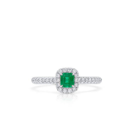 Natural Vivid Green Colombian Emerald Halo Ring, 18K White Gold, Radiant Shape, 0.55 Ct. TW