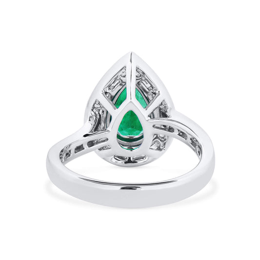 Natural Vivid Green Colombian Emerald Halo Ring, 18K White Gold, Pear Shape, 2.48 Ct. TW