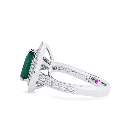 Natural Vivid Green Colombian Emerald Halo Ring, 18K White Gold, Pear Shape, 2.48 Ct. TW