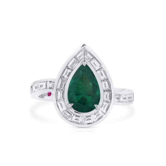 Natural Vivid Green Colombian Emerald Halo Ring, 18K White Gold, Pear Shape, 2.48 Ct. TW
