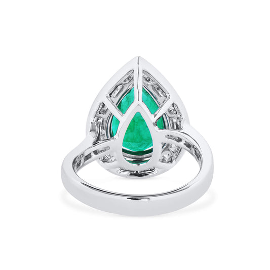 Natural Vivid Green Colombian Emerald Halo Ring, 18K White Gold, Pear Shape, 4.57 Ct. TW