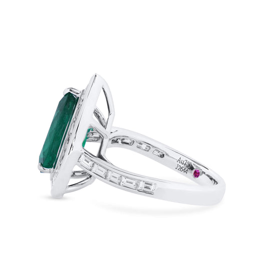 Natural Vivid Green Colombian Emerald Halo Ring, 18K White Gold, Pear Shape, 4.57 Ct. TW