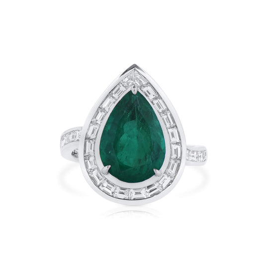 Natural Vivid Green Colombian Emerald Halo Ring, 18K White Gold, Pear Shape, 4.57 Ct. TW