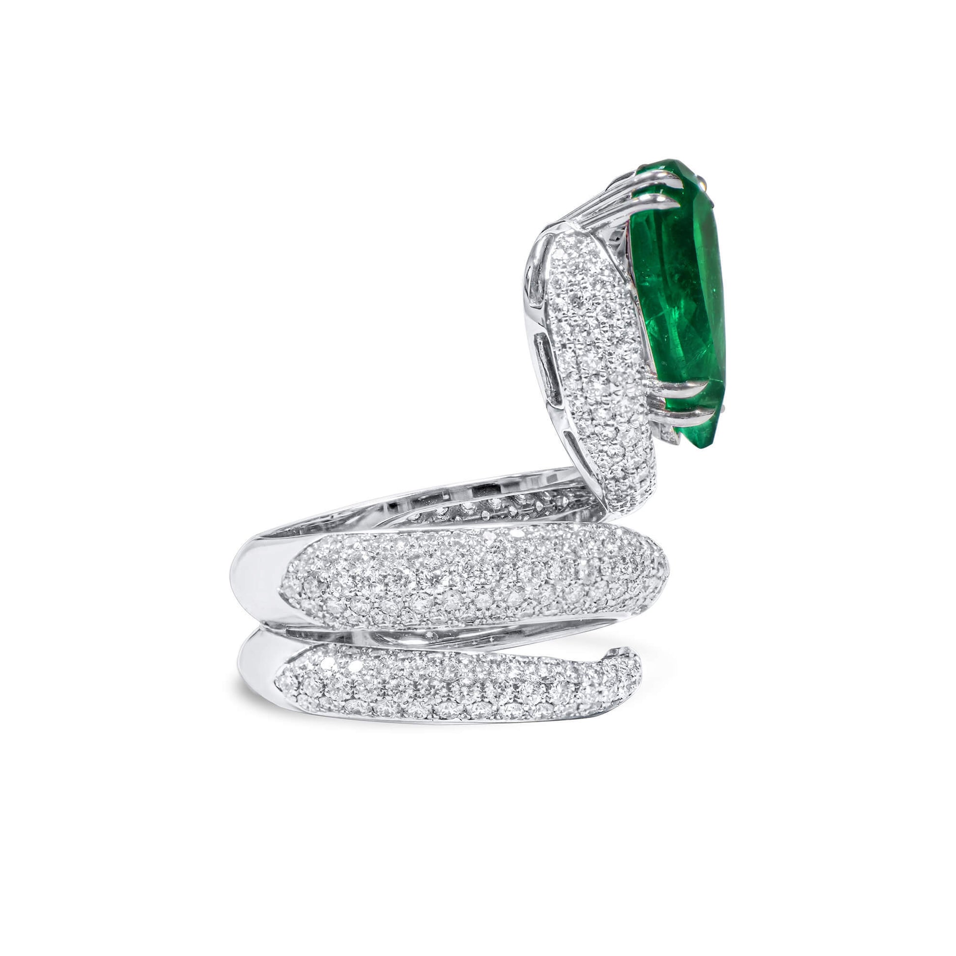 Natural Vivid Green Colombian Emerald & Diamond Spiral Ring, 18K White Gold, Pear Shape, 7.12 Ct. TW