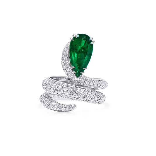 Natural Vivid Green Colombian Emerald & Diamond Spiral Ring, 18K White Gold, Pear Shape, 7.12 Ct. TW
