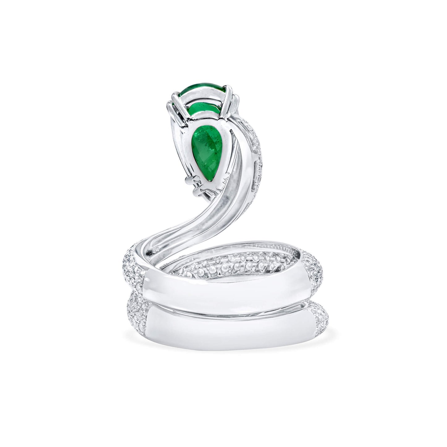 Natural Vivid Green Colombian Emerald & Diamond Spiral Ring, 18K White Gold, Pear Shape, 7.12 Ct. TW