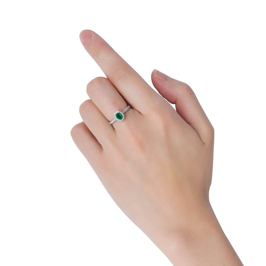Natural Vivid Green Colombian Emerald Halo Ring, 18K White Gold, Oval Shape, 0.58 Ct. TW