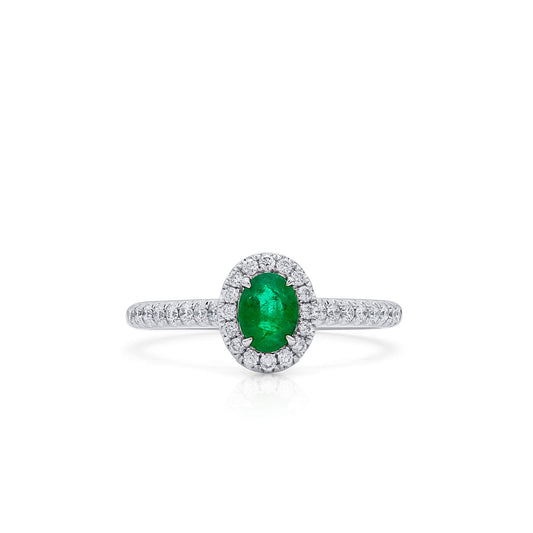 Natural Vivid Green Colombian Emerald Halo Ring, 18K White Gold, Oval Shape, 0.58 Ct. TW