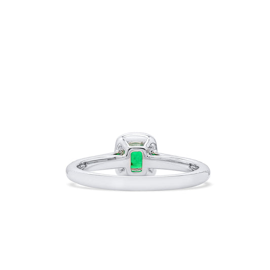 Natural Vivid Green Colombian Emerald Halo Ring, 18K White Gold, Radiant Shape, 0.58 Ct. TW