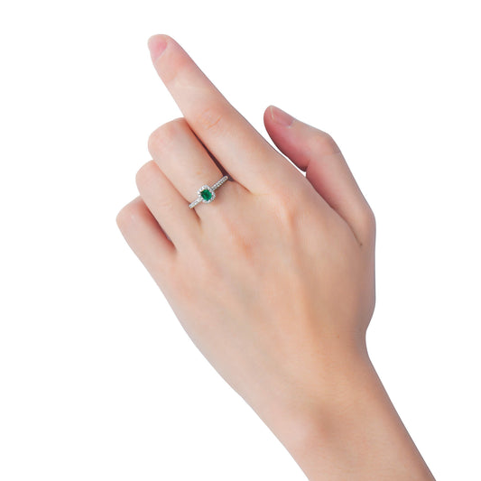 Natural Vivid Green Colombian Emerald Halo Ring, 18K White Gold, Radiant Shape, 0.58 Ct. TW