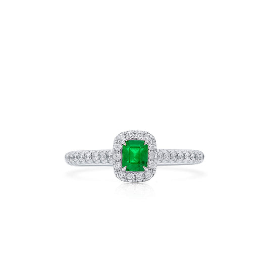 Natural Vivid Green Colombian Emerald Halo Ring, 18K White Gold, Radiant Shape, 0.58 Ct. TW