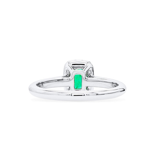 Natural Vivid Green Colombian Emerald Halo Ring, 18K White Gold, Radiant Shape, 0.62 Ct. TW