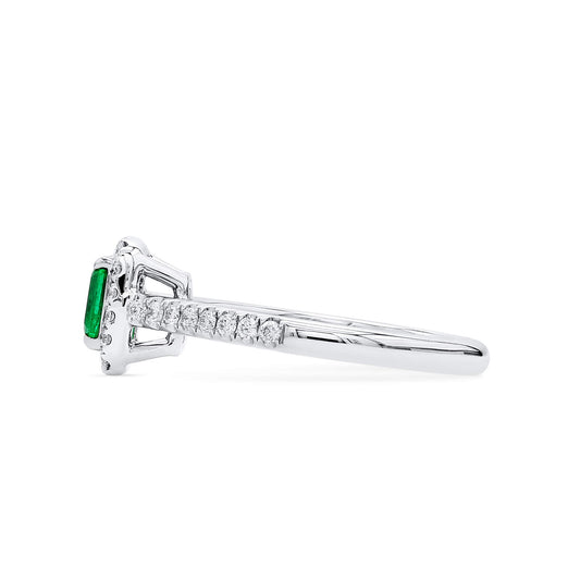 Natural Vivid Green Colombian Emerald Halo Ring, 18K White Gold, Radiant Shape, 0.62 Ct. TW