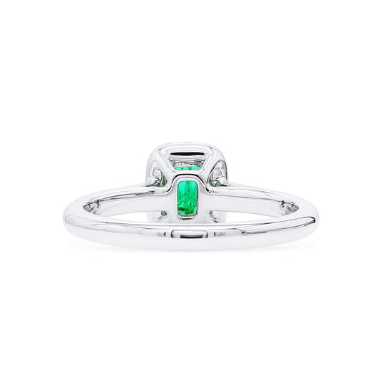Natural Vivid Green Colombian Emerald Halo Ring, 18K White Gold, Radiant Shape, 0.65 Ct. TW